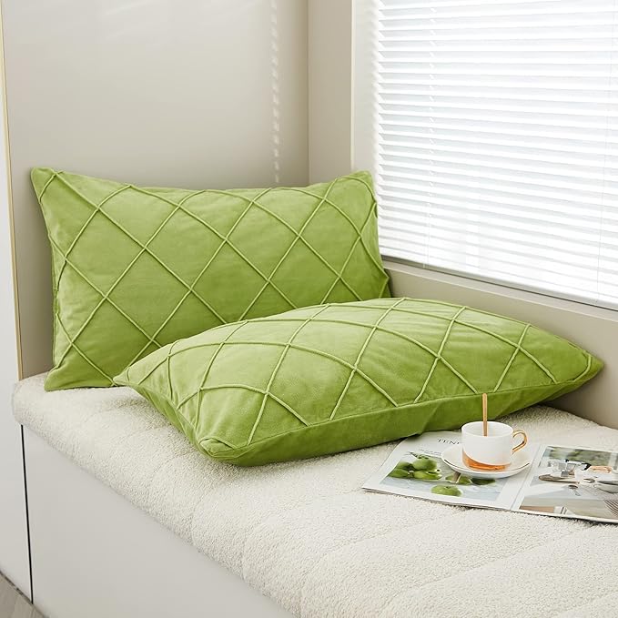 JAUXIO Diamond Pinch Pleated Crystal Velvet Pillowcases 2 Pack Solid Pintuck Throw Cushion Cover for Home Decor Hidden Zipper Closure (Apple Green, King)