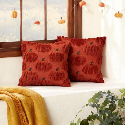 Fall Pumpkin Throw Decorative Pillow Covers 16x16 Set of 2 Pillow Covers, Faux Fur Square Pillow Cover Fluffy Plush Accent Throw Pillow Case, Throw Pillow Cover Cushion Cover for Autumn, Rust Red