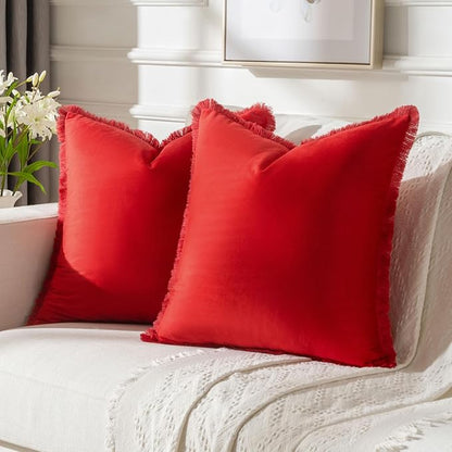 FUTEI Christmas Red Velvet Decorative Throw Pillow Covers 26x26 Set of 2,Soft Cozy Edge with Tassels Euro Pillow Shams,Boho Modern Home Decor for Couch Bed Living Room
