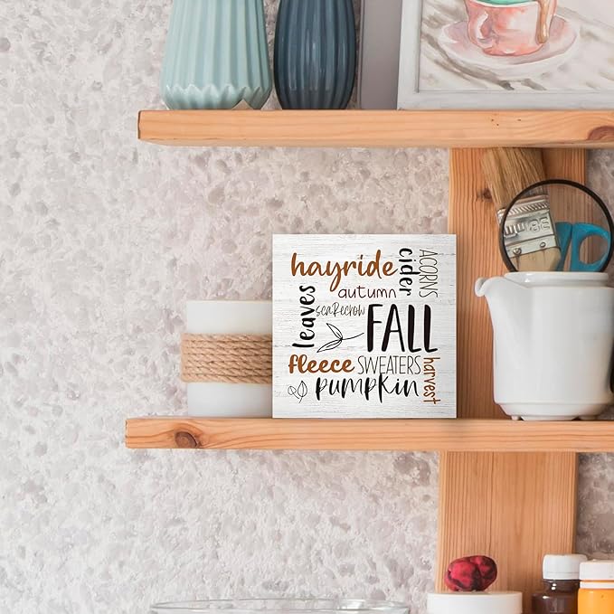 Rustic Fall Autumn Wood Box Sign Desk Decor, Retro Autumn Harvest Decor, Retro Autumn Harvest Wooden Block Sign Decorations for Home Living Room Office Kitchen Wall Tabletop Shelf Decor