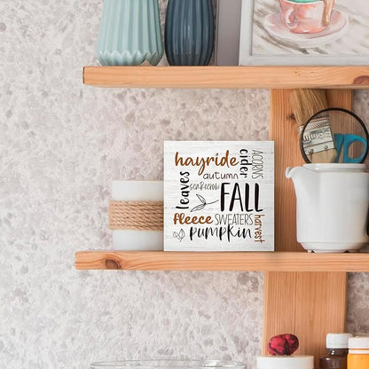 Rustic Fall Autumn Wood Box Sign Desk Decor, Retro Autumn Harvest Decor, Retro Autumn Harvest Wooden Block Sign Decorations for Home Living Room Office Kitchen Wall Tabletop Shelf Decor