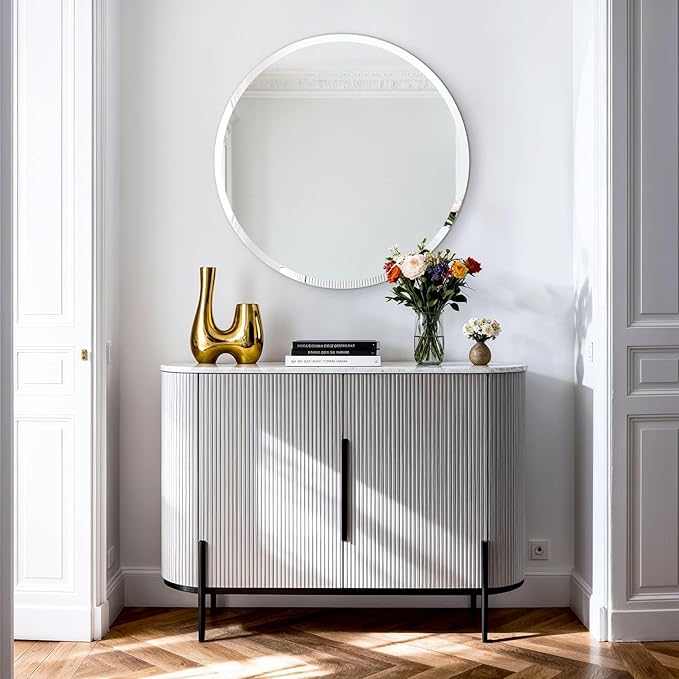 Frameless Round Wall Mirror: Decorative Mirrored Glass Vanity with Beveled Silver Edge for Bathroom Bedroom Livingroom Dining Room Entryway Hallway, 28 x 28 inch
