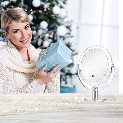 Vanity Makeup Mirror with Stand, 1X/15X Magnification Double Sided 360 Degree Swivel, Portable Table Desk Counter top Magnifying Mirror, Tabletop Mirror for Bedroom or Dorm Room, 6.25 Inch