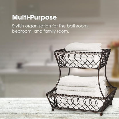 Gourmet Basics by Mikasa 2-Tier Loop and Lattice Countertop Fruit Basket, Round Metal Storage for Kitchen or Dining Table, 14 Inch, Antique Black