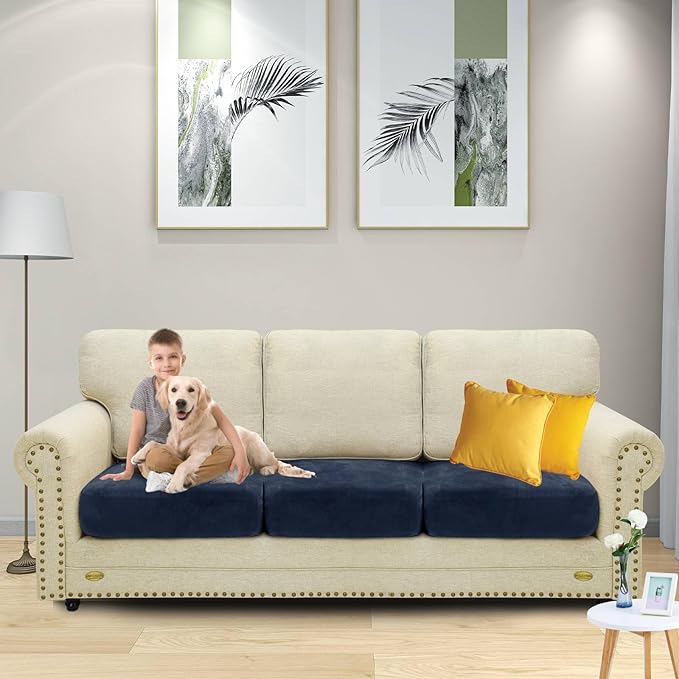 MAXIJIN Velvet Stretch Seat Cushion Covers Couch Cushion Cover for Individual Cushions Sofa Seat Cushion Slipcovers with Elastic Bottom (3 Piece XL Sofa Cushion Covers, Navy Blue)
