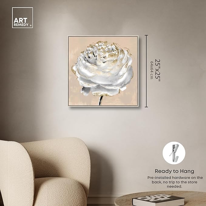 Art Remedy Beige Ranunculus Canvas Elegant White Gold Wall Art, Silver Frame, 24" x 24"