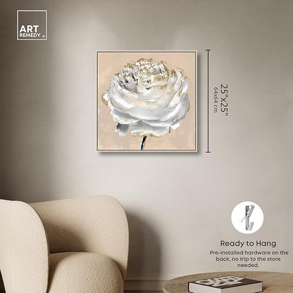 Art Remedy Beige Ranunculus Canvas Elegant White Gold Wall Art, Silver Frame, 24" x 24"