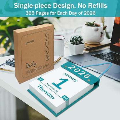 2026 Daily Wall Calendar, Page per Day with Large Print Dates, 365 Day Tear off Wall Calendar for Seniors Gift Home Office School Dorms, 8.5" x 6", Tear Away Calendars with Hanging String, Cyan