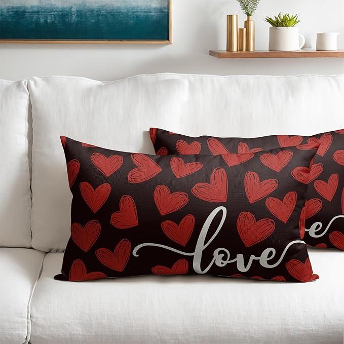 Valentines Day Pillow Covers 12x20 Set of 2 Black Heart Throw Pillow Covers Love Pillowcase Linen Decoration Farmhouse Holiday Cozy Soft Cushion Case Couch for Indoor Outdoor Home Decor