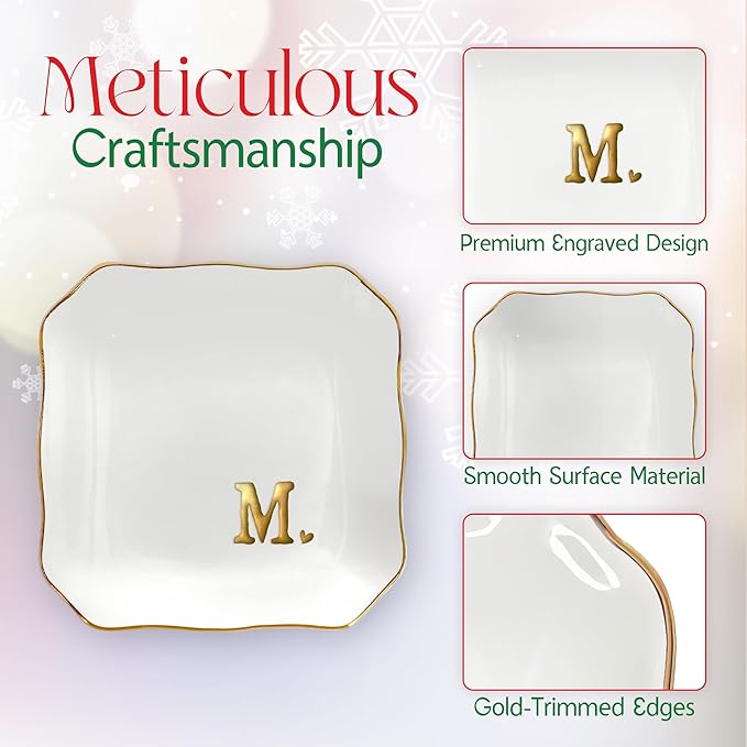 OASSIE Valentines Day Gifts for Her - 4"x4" Initials Ceramic Jewelry Dish Tray Letter M - Engagement Gift for Couples, Wedding Bridal Shower Gift for Bride, Monogrammed Gifts for Women Friends Mom
