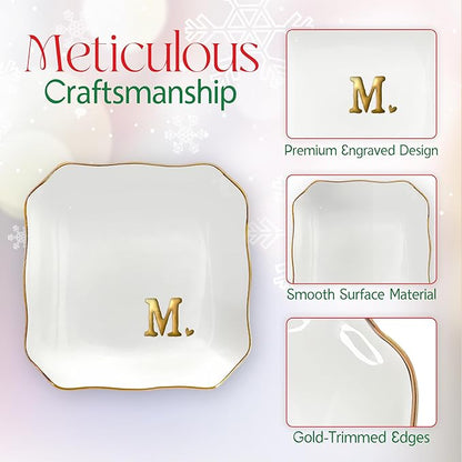 OASSIE Valentines Day Gifts for Her - 4"x4" Initials Ceramic Jewelry Dish Tray Letter M - Engagement Gift for Couples, Wedding Bridal Shower Gift for Bride, Monogrammed Gifts for Women Friends Mom