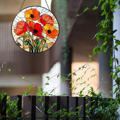 California Poppy Stained Glass Window Hanging 7.8'' – Sun Catcher Indoor Window Decor, Glass Suncatcher for Windows, Flower Hanging Ornament, for Mom Grandma Women Seniors