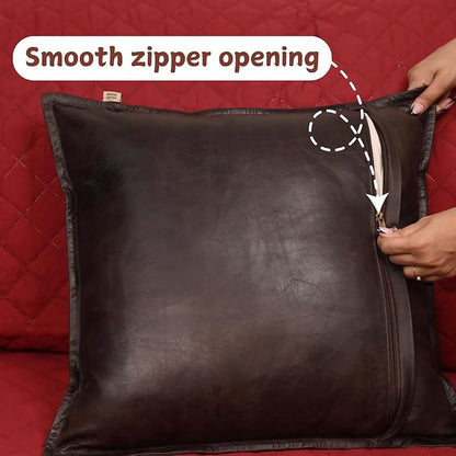 Lambskin Leather Pillow Cover - Sofa Cushion Case - Decorative Throw Covers for Living Room & Bedroom, 22x22 Inches - Dark Brown Crunch Box Pack of 2