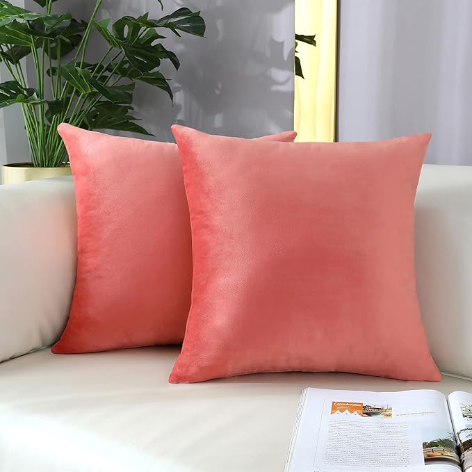 mixeoo Comfy Salmon Pink Throw Pillow Covers Decorative Square Solid Velvet Super Soft Cushion Cases Home Decor for Sofa Couch, Set of 2, 18 x 18 Inch