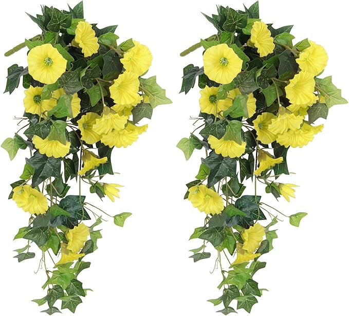 RECUTMS Artificial Fake Hanging Flowers Plants for Outdoor Spring Decor, 2 Pcs UV Resistant Faux Petunias Trailing Plants Realistic Flower Look Real for Door Wall Yard Porch Garden Planter (Yellow)