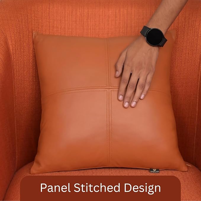 LL LEATHER LOVERS Lambskin Leather Pillow Cover, Hand Panel Stitched Leather Decorative Throw Pillow Covers for Couch Sofa Bed Living Room Garden (18x18 Inches, Tan Plain Pack of 1)