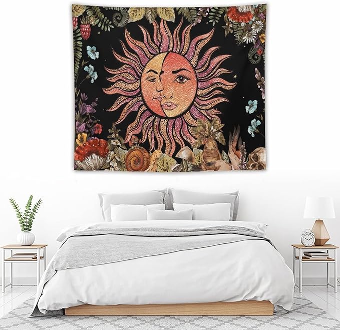 Vintage Sun Tapestry,Boho Hippie Mushroom Plant Botanical Sun and Moon Art Tapestries Wall Hanging for Dorm Living Room Bedroom Decor(50"x60")
