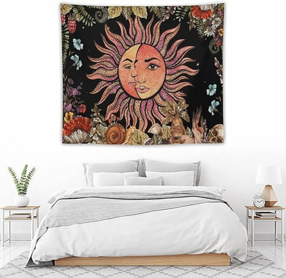 Vintage Sun Tapestry,Boho Hippie Mushroom Plant Botanical Sun and Moon Art Tapestries Wall Hanging for Dorm Living Room Bedroom Decor(50"x60")