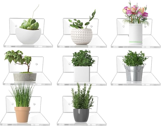 8 Pcs Clear Acrylic Floating Wall Shelves, Small Floating Shelves for Wall Shelf Acrylic Display Ledges, Small Corner Shelf for Bedroom Bathroom Book Speaker Hanging Shelves - Clear (4 Inch 8Pack)