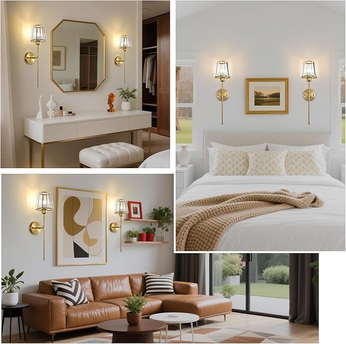 Battery Operated Crystal Wall Sconce Set of 2, Brushed Gold Wireless Wall Light with Remote Control, LED Dimmable 15 Colors USB Rechargeable Light Bulbs Wall Lamp for Bedroom Living Room Hallway