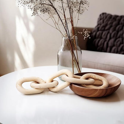 Queekay Decorative Wood Chain Link Decor Rustic 5 Link Wooden Chain Decor Ornament Farmhouse Home Decoration Hand Carved Wooden Crafts Ornaments for Coffee Table(Wood Color,13.78 Inch)