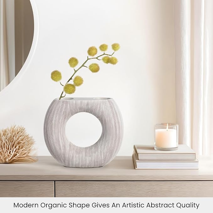 Torre & Tagus White Donut Vase for Flowers - 9 Inch Tall Textured Vases for Centerpieces with 2 Openings, Sculptures Home Decor & Abstract Sculptures Home Decor for Shelf Decor Aesthetic (Alma)