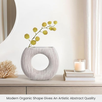 Torre & Tagus White Donut Vase for Flowers - 9 Inch Tall Textured Vases for Centerpieces with 2 Openings, Sculptures Home Decor & Abstract Sculptures Home Decor for Shelf Decor Aesthetic (Alma)
