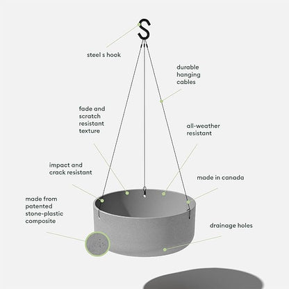 Veradek Mason Series Hanging Kona Planter - Round Planter for Outdoor Balcony/Patio | Made from Plastic-Stone Composite with Hanging Attachment | Modern Décor for, Flowers, Succulents, Small Plants