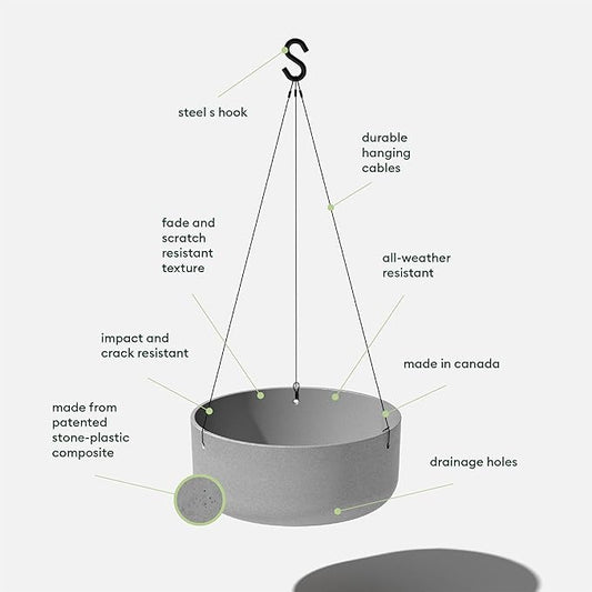 Veradek Mason Series Hanging Kona Planter - Round Planter for Outdoor Balcony/Patio | Made from Plastic-Stone Composite with Hanging Attachment | Modern Décor for, Flowers, Succulents, Small Plants