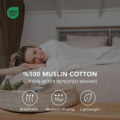 Goqan Muslin Blanket Twin 55x79 – 100% Turkish Cotton 4 Layer Boho Muslin Blanket for Adults, Four Season, Lightweight and Thin, Soft, Breathable, for Bed, Couch - White
