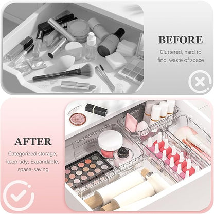 DILIBRA 12 Pcs Clear Extendable Drawer Organizer, Adjustable Drawer Storage 2-Size Desk Drawer Organizer, Plastic Non-Slip Storage Bins for Makeup, Cosmetic, Jewelries, Utensils, Stationery, Dressers