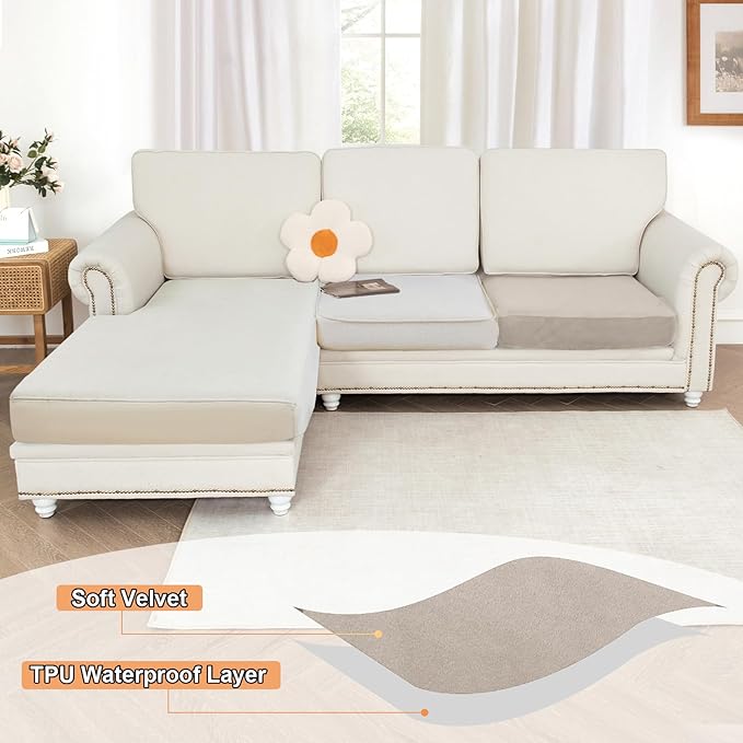 NAISI Waterproof Couch Cushion Covers Thick Velvet Fabric Washable Sofa Slipcovers 1 Piece Individual Sectional Couch Covers with Elastic Bottom(1 PC for Seat Cushion or Backrest,Light Taupe)