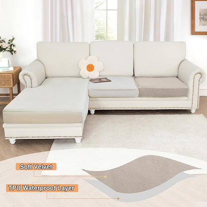 NAISI Waterproof Couch Cushion Covers Thick Velvet Fabric Washable Sofa Slipcovers 1 Piece Individual Sectional Couch Covers with Elastic Bottom(1 PC for Seat Cushion or Backrest,Light Taupe)