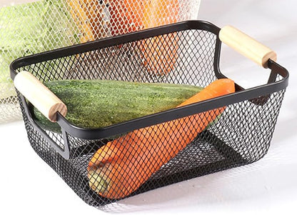 Metal Mesh Steel Basket, Small Wire Storage Organizer Basket Multi-function Hanging Kitchen Basket with Wood Handle for Kitchen Bathroom Picnic Home, Rectangle-Black