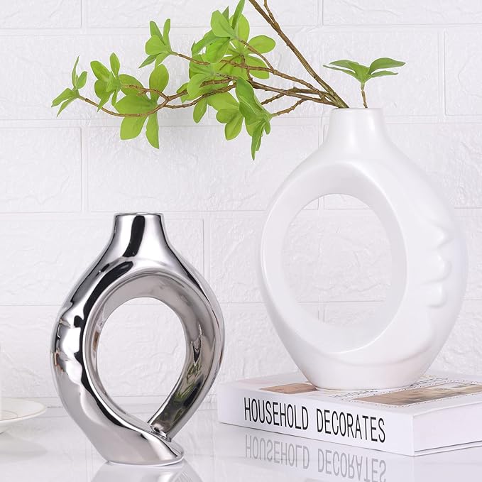 LCCCK White and Silver Ceramic Vases for Home Decor, Boho Vase for Flowers Pampas Grass Decorative, White Silver Hollow Donut Small Vase for Living Room Table Wedding Centerpiece Modern Vases