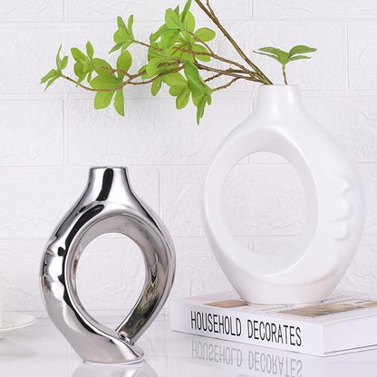 LCCCK White and Silver Ceramic Vases for Home Decor, Boho Vase for Flowers Pampas Grass Decorative, White Silver Hollow Donut Small Vase for Living Room Table Wedding Centerpiece Modern Vases