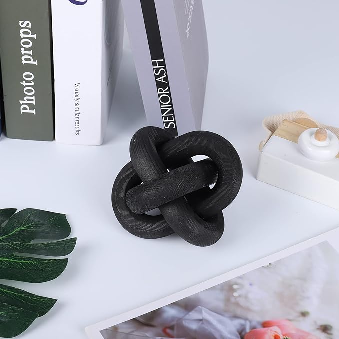 3-Link Wood Chain Link Decor, Coffee Bar Table Decor, Farmhouse Wood Chain Knot Boho Hand Carved Decorative Wood Link Chain for Entryway Dinning Table Bookshelf Tiered Tray Home Decor (Black)