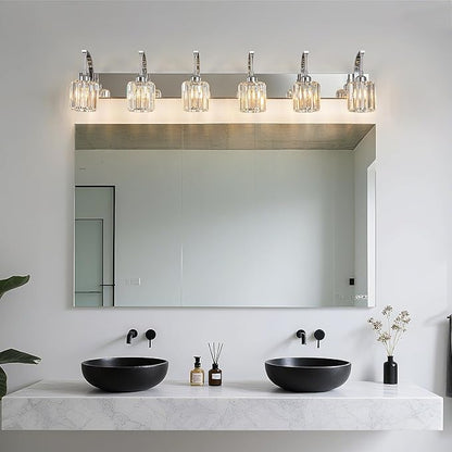6-Light Crystal Vanity Light, Chrome Modern Wall Sconce with K9 Crystal Shades, 51.18" Long Over Mirror Lighting for Bathroom, Makeup, Hallway, Elegant & Easy Install