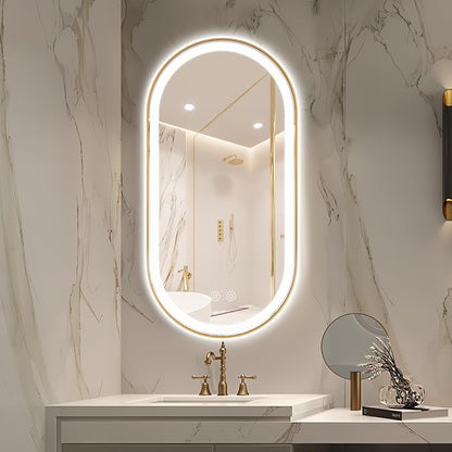 Niccy Oval LED Mirror for Bathroom, 48x24 Front Lit + Backlit Vanity Mirror with Light Anti-Fog, Shatter-Proof, 3 Colors, Makeup Mirrors with Gold Frame (Horizontal/Vertical)