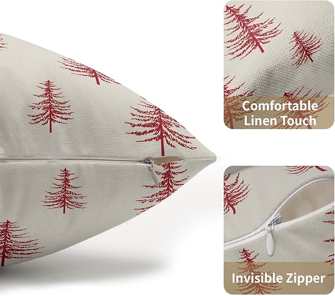 Christmas Tree Lumbar Pillow Covers 12x20 Set of 2 Red Xmas Vintage Winter Print Decorative Outdoor Linen Throw Pillows Cases Cushion Cover Rustic Holiday Decoration Farmhouse Sofa Couch Bed Decor