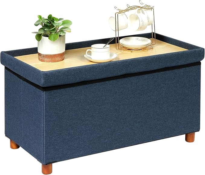 PINPLUS Linen Coffee Table Ottoman with Tray, Large Storage Bench with Wooden Legs, Chest Foot Stools, Ottomans for Living Room Bedroom, Blue, 30" x 15" x 15"