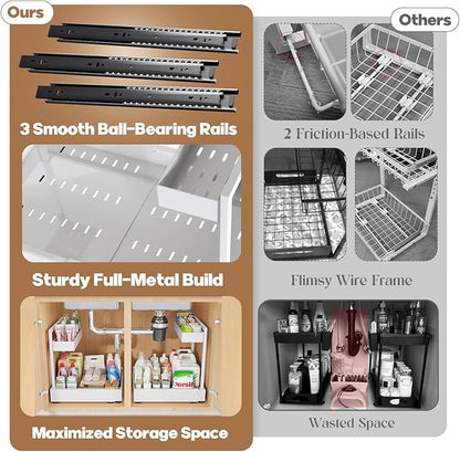 Expandable Under Sink Organizer with 3 Ball-Bearing Slide Rails , 2-Tier Pull-Out Under Cabinet Storage Shelf for Kitchen & Bathroom , Height-Adjustable Slide-Out Cabinet Drawer （Black, 1-Pack）
