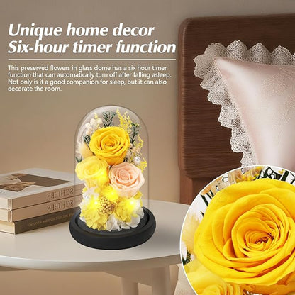 Preserved Roses Flowers for Delivery, Yellow Forever Flores in Glass Dome for Women Mom Wife Girlfriend Grandma, Eternal Rose Anniversary Birthday Gift for Mothers Day Valentines Christmas