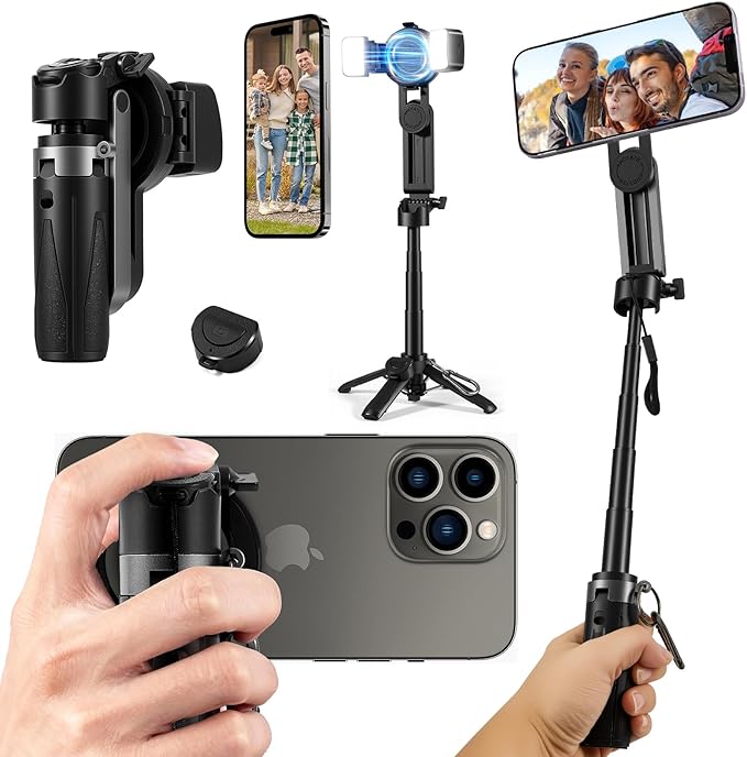 Magnetic Mini Phone Selfie Stick, 4-in-1 Portable Magnetic Selfie Stick for iPhone/Android, Magnetic Chuck＆Clip 2 in 1, with Remote & 2 Fill Light for Photography, Vlogging, TikTok