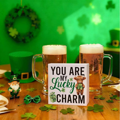 St Patrick Decor Lucky Charm Wooden Box Sign, You Are My Lucky Charm Irish Quote Tabletop Decor with Shamrock Accent, Cute Farmhouse Shelf Desk Holiday Decorative Gift for Loved Ones 5 x 5 Inches