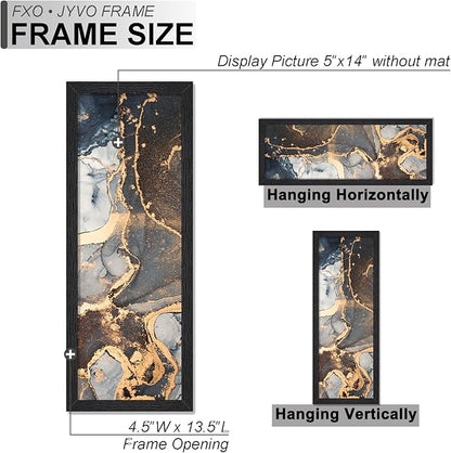 Engineered Wood 5x14 Picture Frame Set of 2, Black Frame for 5 x 14 Inch Picture Poster Photo, Light Weight 5 by 14 Frame with Wood-grain for Wall - 2 Pack/Black/5"x14"