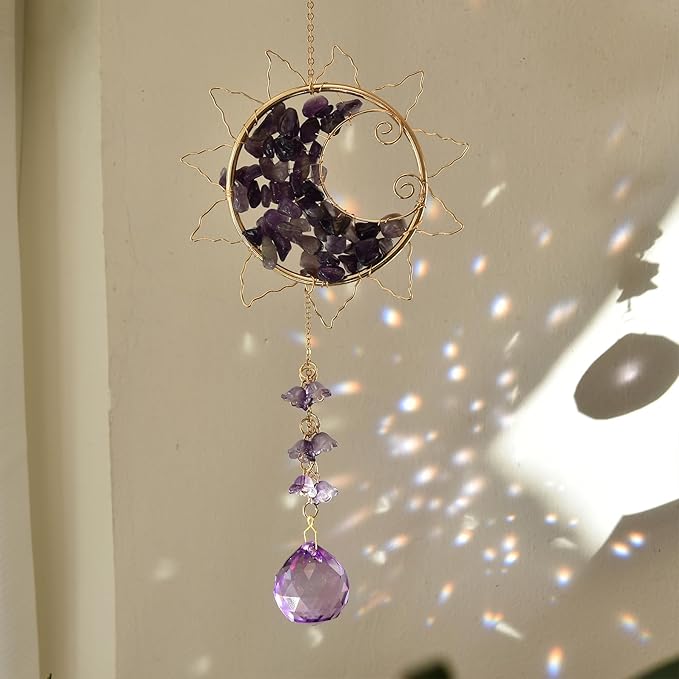Hanging Sunlight Catcher, Sun & Moon Crystal Suncatcher, Crystal Hanging Ornament, Hanging Crystals for Decoration, Festival Gift, Window Decoration (Purple)