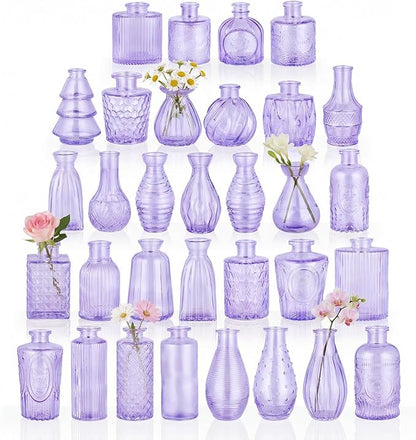 BEAHOT 32 Pack Purple Bud Vase in Bulk,Mini Vintage Glass Flower Vases for Centerpieces,Wedding Decor,Party & Home Decaration,Mother's Day (Purple)