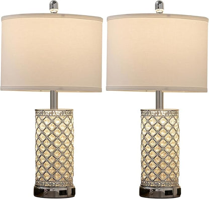 Crystal Table Lamps Set of 2, 3-Way Dimmable Bedside Lamp with 2 USB Ports & AC Outlets for Living Room Bedroom Nightstand Lamp Night Light (Silver- 2 Pack 24In)