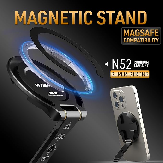 Magnetic Phone Tripod Mount With1/4" Hole&Cold Shoe,Foldable Travel Phone Stand Smartphone Tripod Adapter for Smartphone Cell Phone Stand Holder for Desktop Video Live Streaming Vlogging Filming